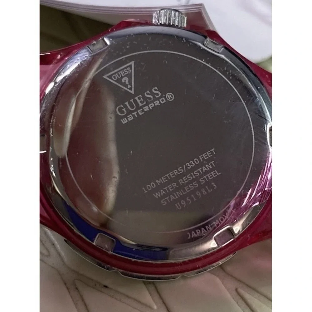 GUESS Women's U95198L3 Pink Plastic Strap Quartz Watch with Pink Dial Bezels EUC